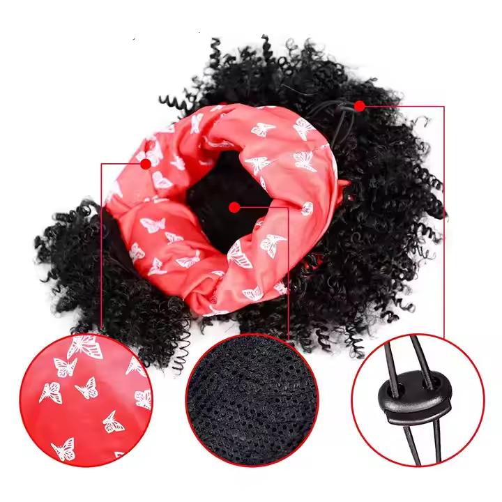 Afro Curly Kinky Synthetic Head Wraps Short Drawstring Puff Wigs with Small Cap Headband Scarf Wigs
