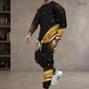 Men S Plus Size Black Gold Printed Round Neck Long Sleeve Top Cuffed Pants Two Piece Set
