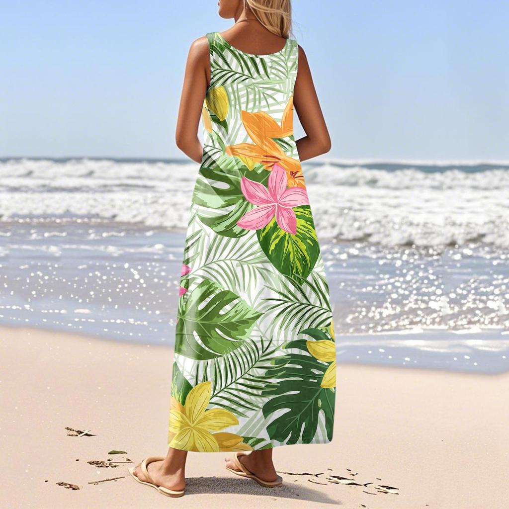 Damen Sommer Mode Rundhals Ärmellos Strandkleid Kleider mit Blumendruck