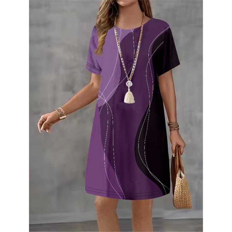 Women Dress Stripe Gradient Printing Design Sense Pattern New Summer Elegant A-Line Short Sleeve Dress Casual Mini Dress