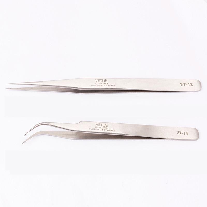 Precision Stainless Steel Eyelash Tweezers with Optional Straight or Curved Tips for Grafting and False Eyelash Application.