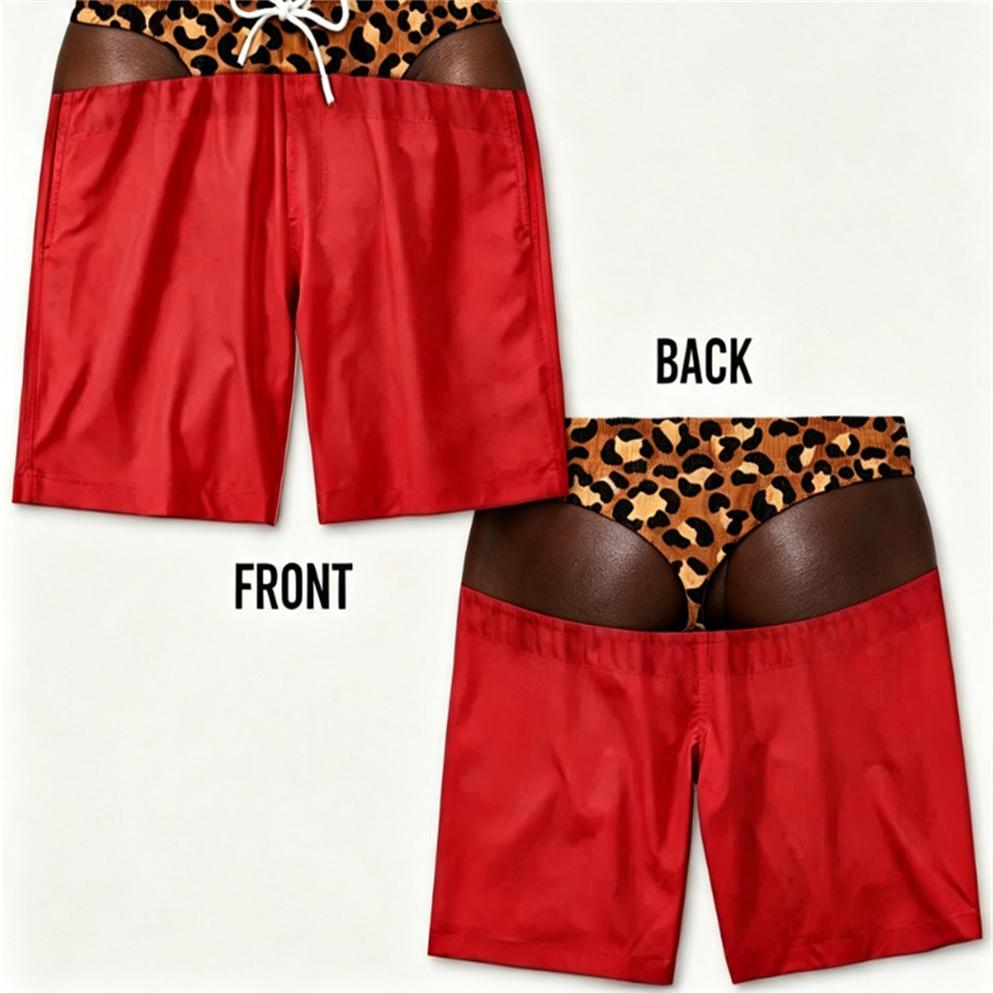 Men Funny Fake Butt Swim Trunks, Solid Red 3D Illusion Dark Skin Leopard Waist Quick‑Dry Drawstring Beach Board Shorts