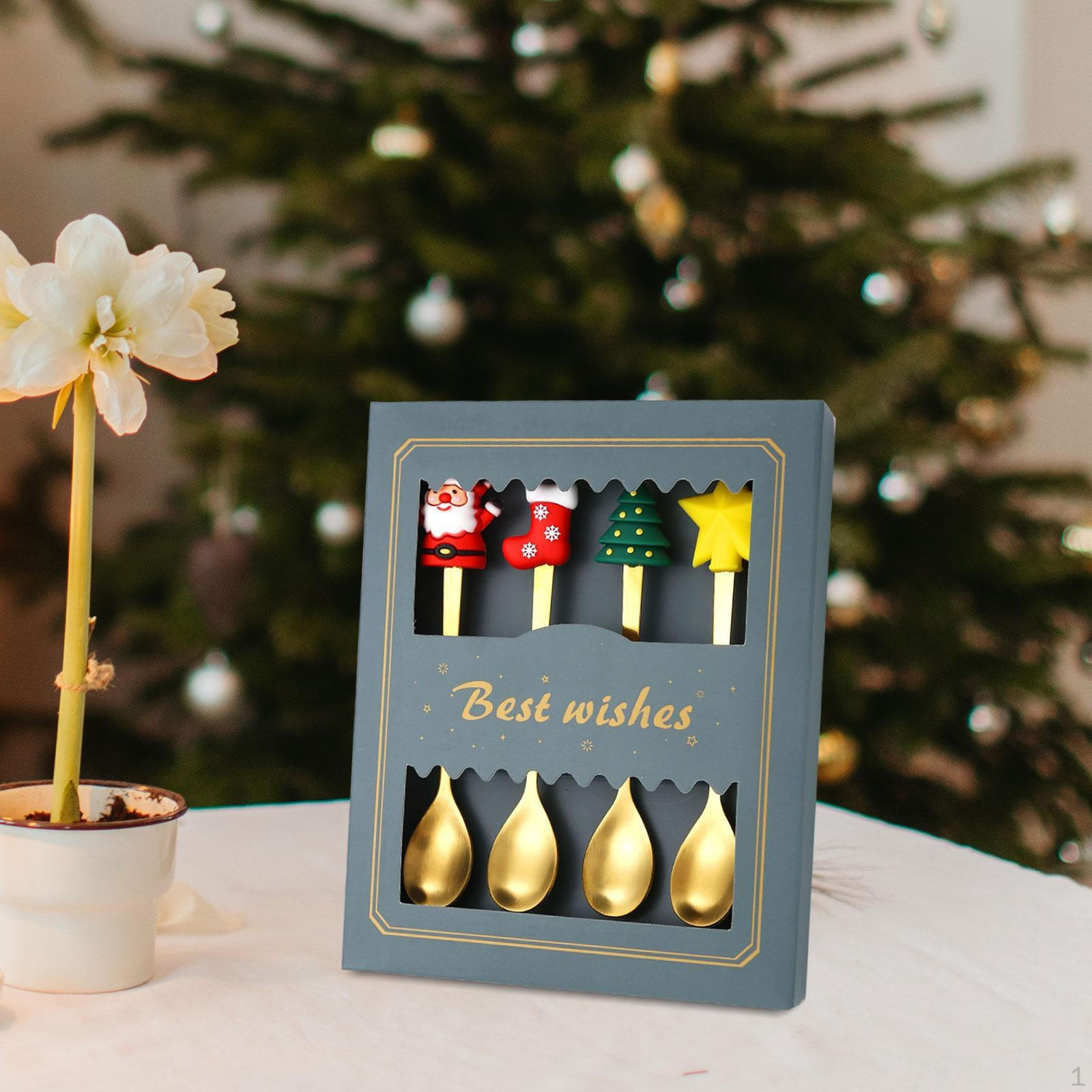 

Рождественский набор из 4 ложек, десертные ложки из нержавеющей стали с подарочной коробкой, столовые приборы Green Box