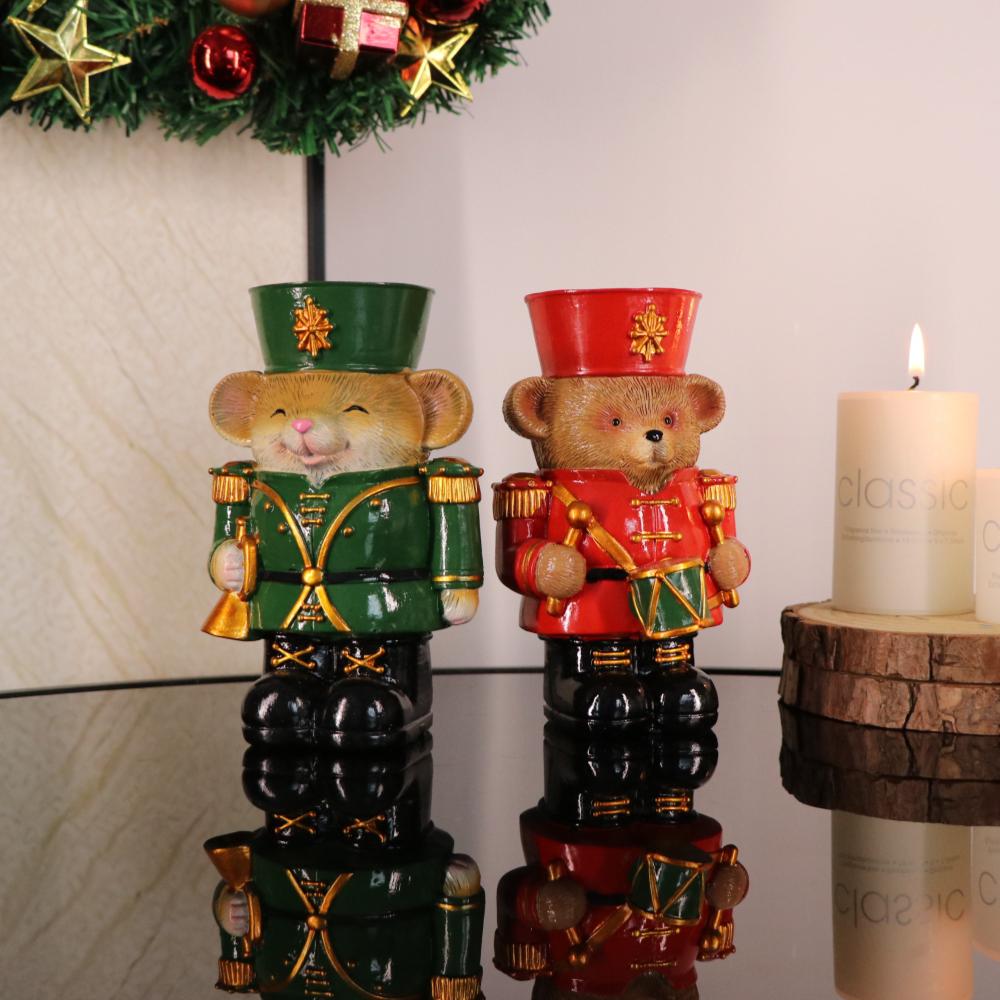 Creative Christmas Decor Candlestick Bear Nutcracker Guards Figurines Candle Holder Cute Animal Statue Home Desktop Ornaments