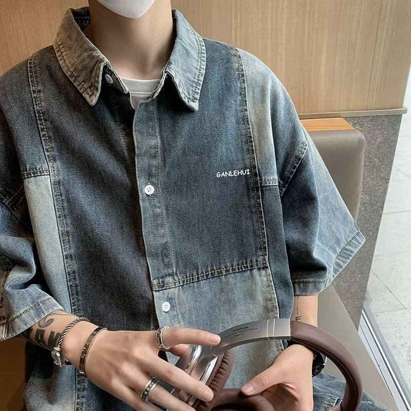 

Мужская ретро повседневная джинсовая рубашка в стиле колор-блок – летний тренд, с коротким рукавом, стильная куртка в уличном стиле XXXL синий