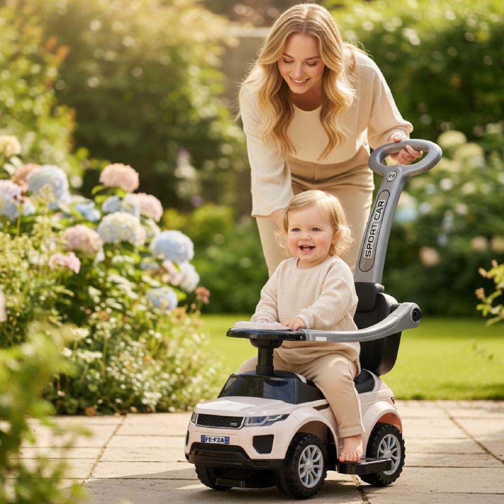 Kids White Sport Car Ride-On Pusher Walker with Handle