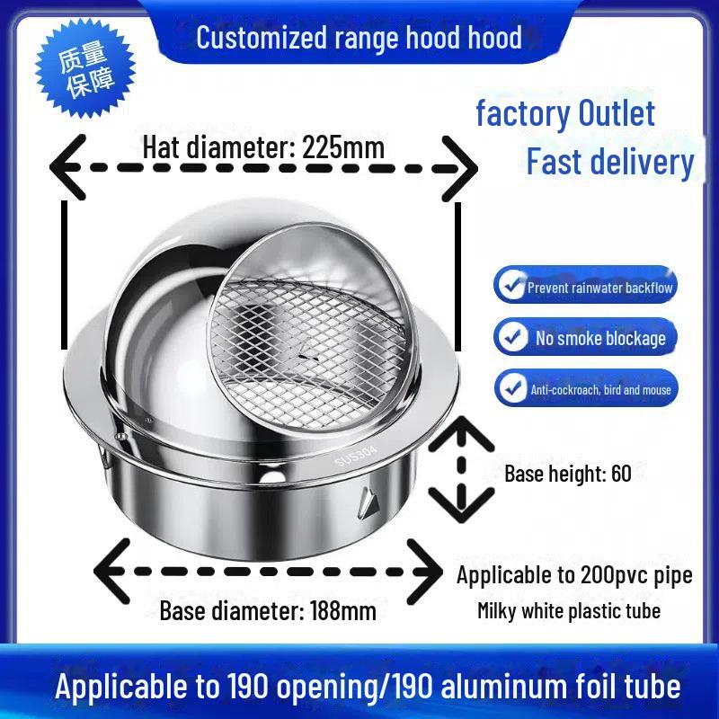 304 Stainless Steel Ventilation Cap: Rain-Proof Exhaust Cover for Exterior Wall and Range Hood, PVC Compatible
