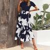 Women's Floral Maxi Dress Casual Round Neck Short Sleeves Ruffle Flowing Cocktail Wedding Guest Dress