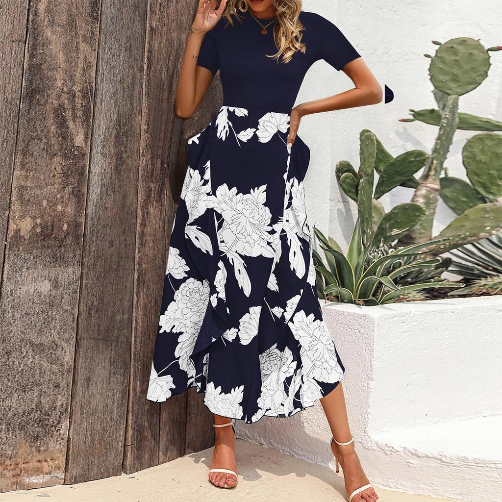 Women's Floral Maxi Dress Casual Round Neck Short Sleeves Ruffle Flowing Cocktail Wedding Guest Dress