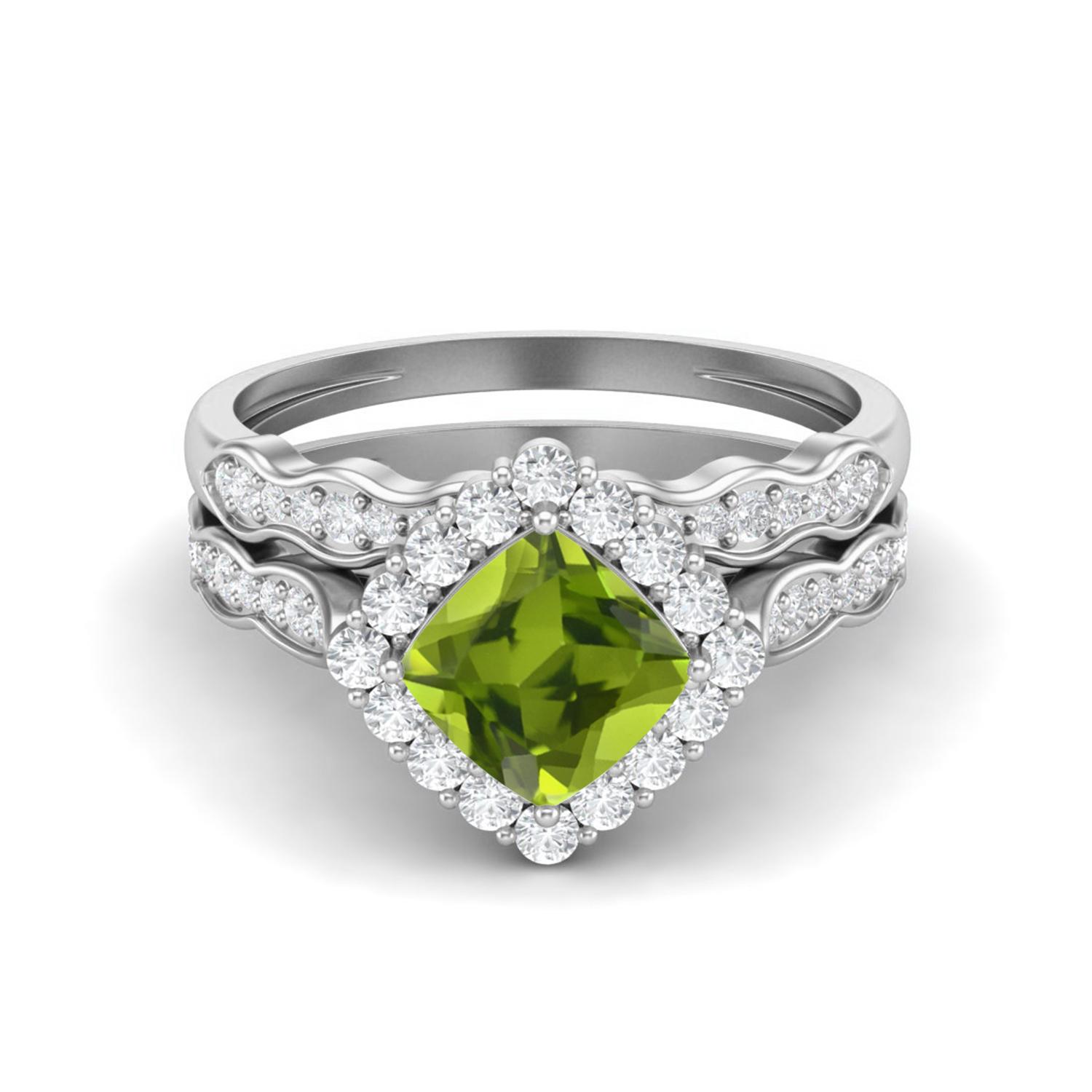 6mm Cushion Peridot 925 Sterling Silver Dual Shank Halo Accents Women Wedding Ring 10
