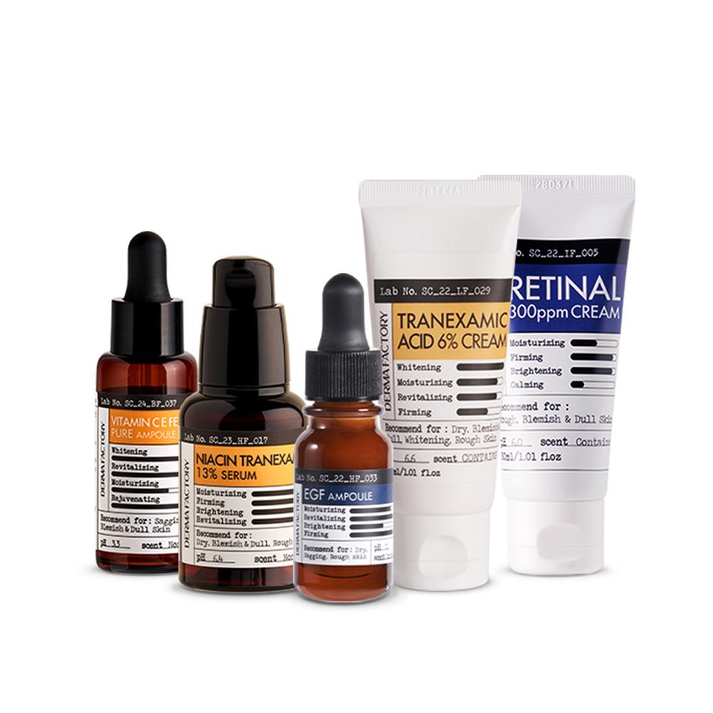 Dermafactory Dark Spot & Brightening Care 5-Piece Set – Vitamin CE Ferulic, Niacin Tranexamic Acid, EGF, Tranexamic Acid, Retinal, Korean