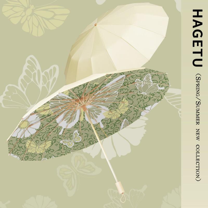 16-Rib Automatic Folding Umbrella Women - UPF 50 Sun Rain Protection Lightweight Aluminum Shaft New Chinese Style Print