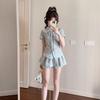 Korean Plaid Summer Patchwork Two-Piece: Short Sleeve Top & High Waist Skirt