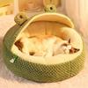 Frog-Shaped Plush Pet Bed, Cozy Green & White Cat & Small Dog Sofa, Warm High-Quality Polyester Nest for Kittens