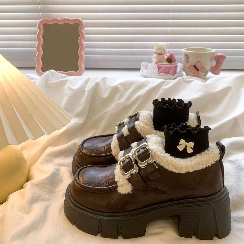 Módní dámské lodičky Zimní móda Britský styl Lolita boty Dámské Nové Japonské Vintage Plyšové Teplé Bavlněné boty Dámské Boty Mary Jane