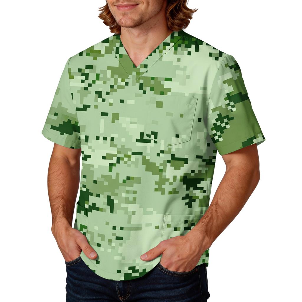 Mens Short Sleeve V Neck Scrub Top Camouflage Printed Pullover Uniform Shirt with Chest Pocket for