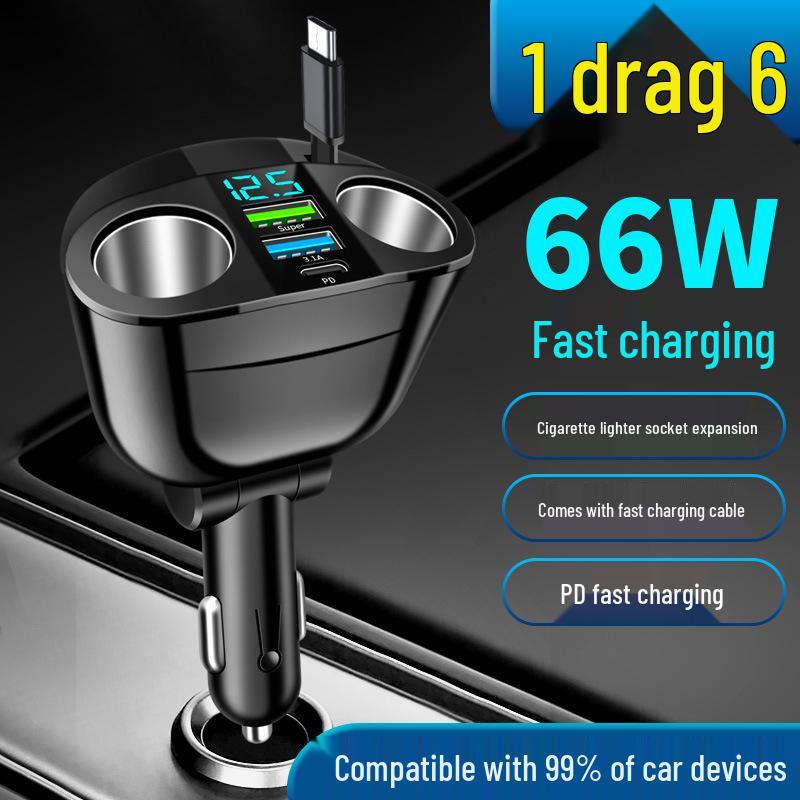 Digital Display Car Charger with Retractable PD Cable - Fast 5-in-1 Cigarette Lighter Charger