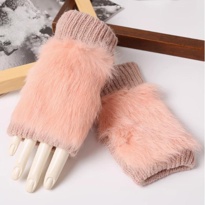 

Rex Rabbit Fur Half-Finger Gloves For Women Winter Warmth Wrist Protection Fingerless Gloves fashion Female Warm Knitted gloves рожевий