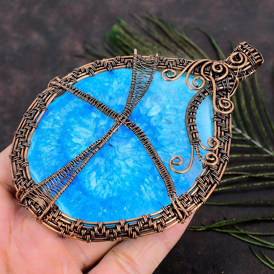 Natural Aqua Solar Druzy Gemstone Handmade Copper Wire Wrap Pendant 4.93 V6Q07