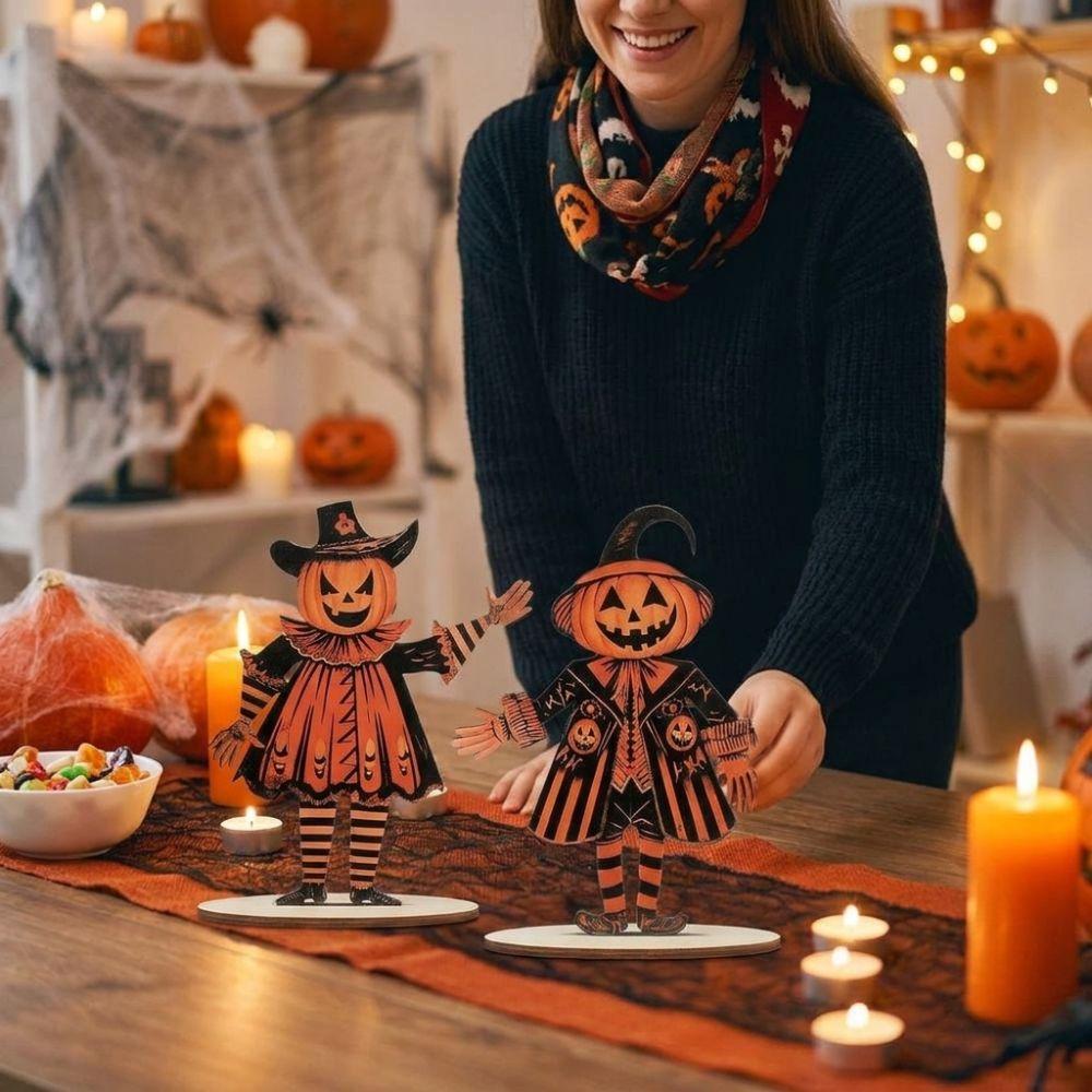 3Pcs Wooden Halloween Pumpkin Ornament 2D Flat Pumpkin Scarecrow Party Sign  Farmhouse Setting