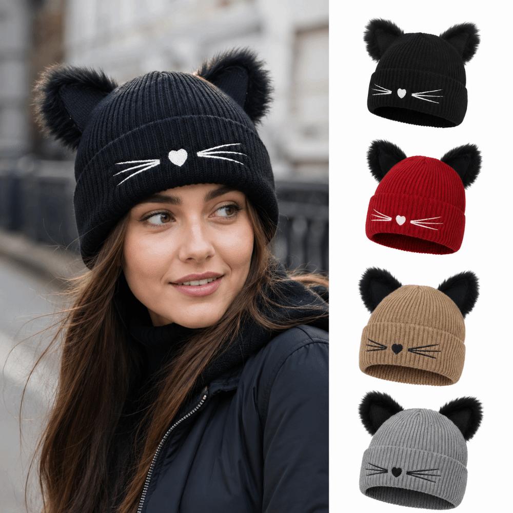 Embroidery Cat Ear Beanie Faux Fur Winter Hat Cute Kawaii Beanie For Women