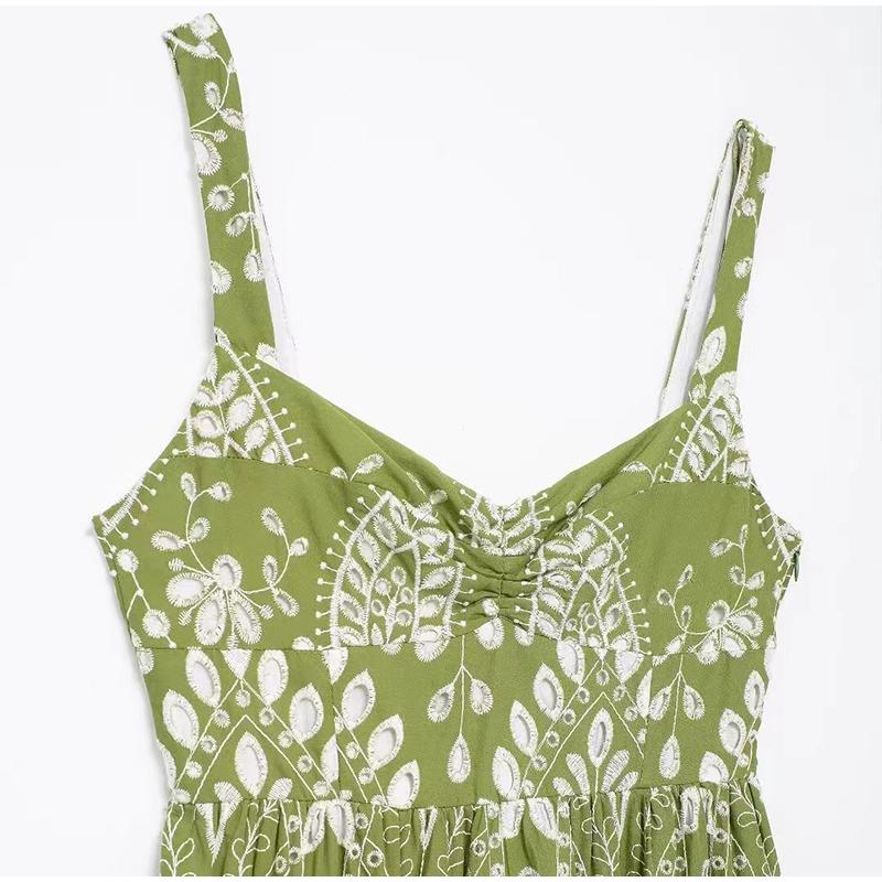 Printed Hollow Out Sling Women Dress Elegant Green Sleeveless Backless High Waist Dresses Female Summer Lady Beach Robe