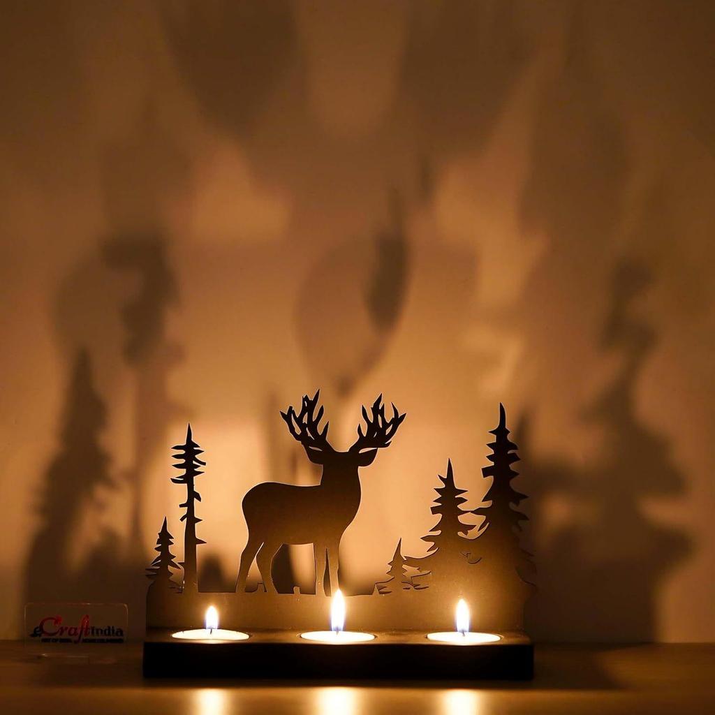 Weihnachtsbaum Deko Teelichthalter aus Holz Rentier(Schwarz)| Diwali Weihnachtsdekorationsartikel für Heimdekoration Wohnzimmer Büro