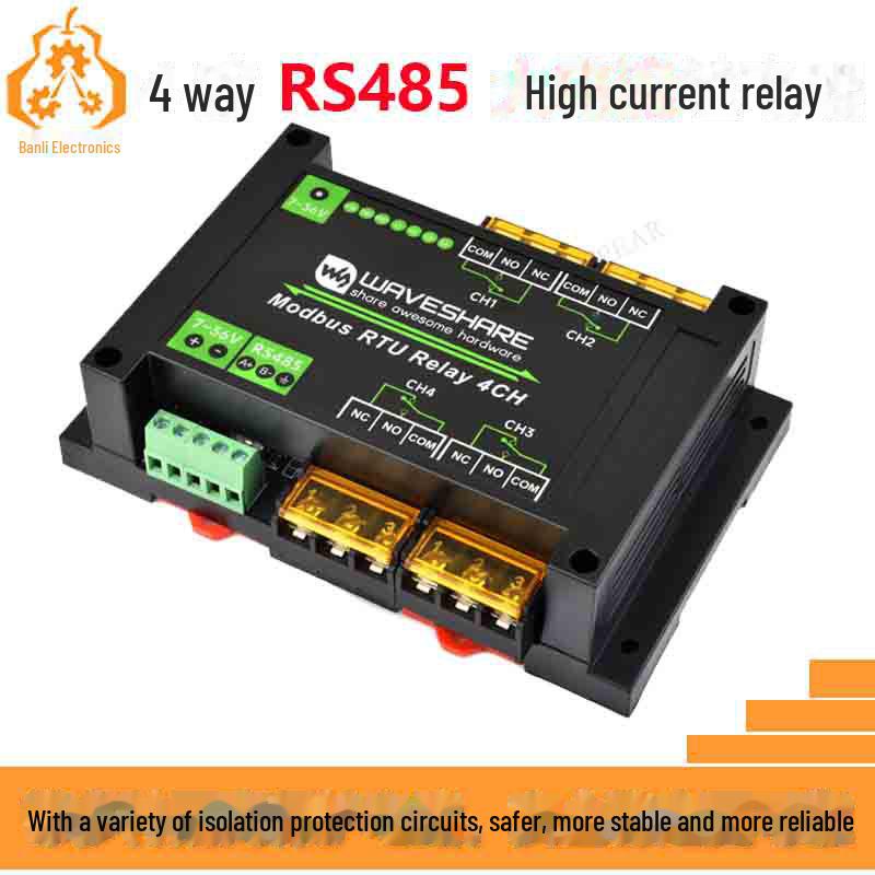 

4-Way RS485 Modbus RTU High-Current Relay Module with Rail Protection