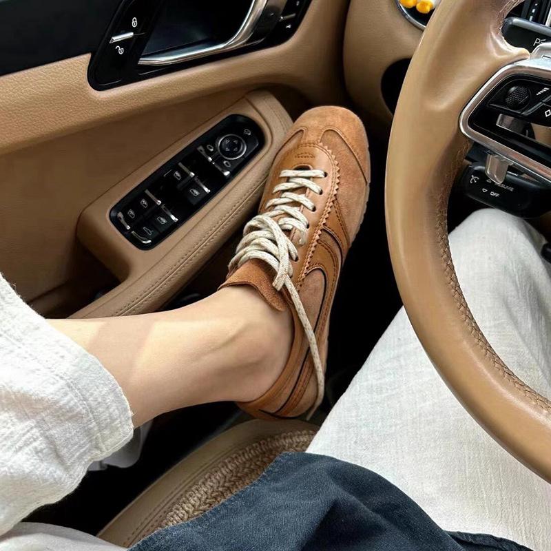 Cowhide version brown retro Forrest Gump training shoes women's leather versatile lace-up board shoes flat sports running casual shoes