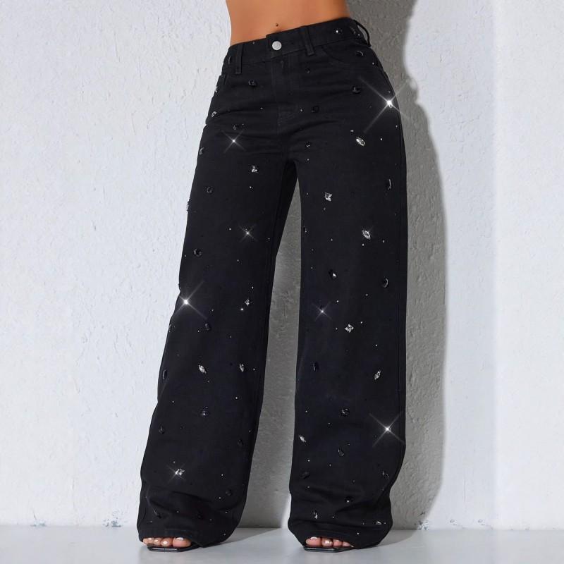 Womens Loose Straight Leg Jeans High Waist Street Style Denim Pants Washed Casual
