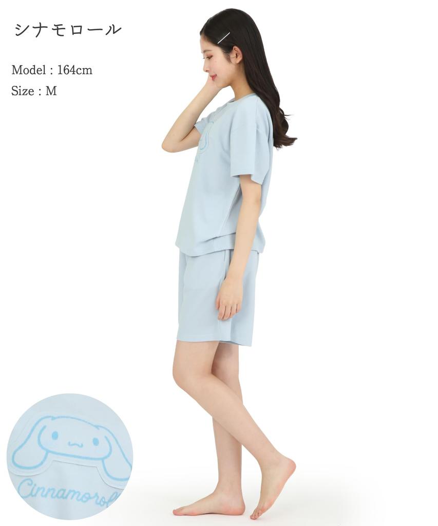 Cinnamoroll Roomwear Mini Fleece Short Sleeve Shorts Top and Bottom Set Pajamas Sanrio [SAZAC] U-Neck Women's (Sax/M/SAN1918)