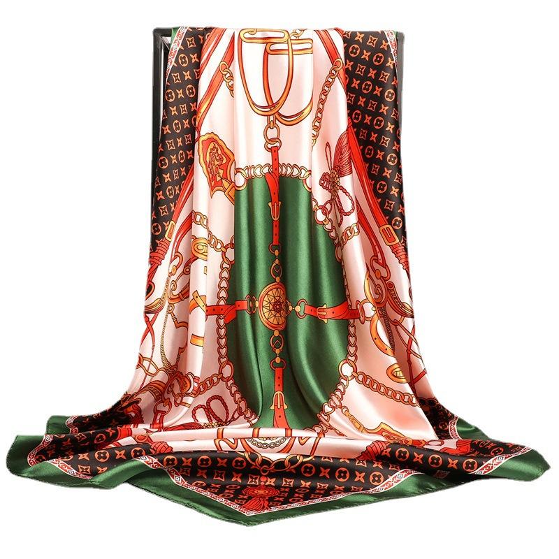 Simple Fashion Chain Satin Simple Silk Scarf Scarf Simulation Silk Scarf 90Cm Large Square Scarf Thin Headscarf Cover