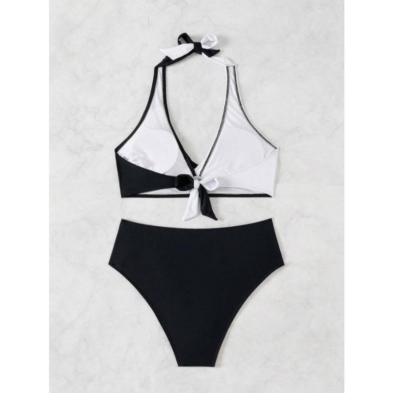 Women's Neon Pink Black Color Block Twist Front Bikini Set High Waist Two Piece Swimsuit