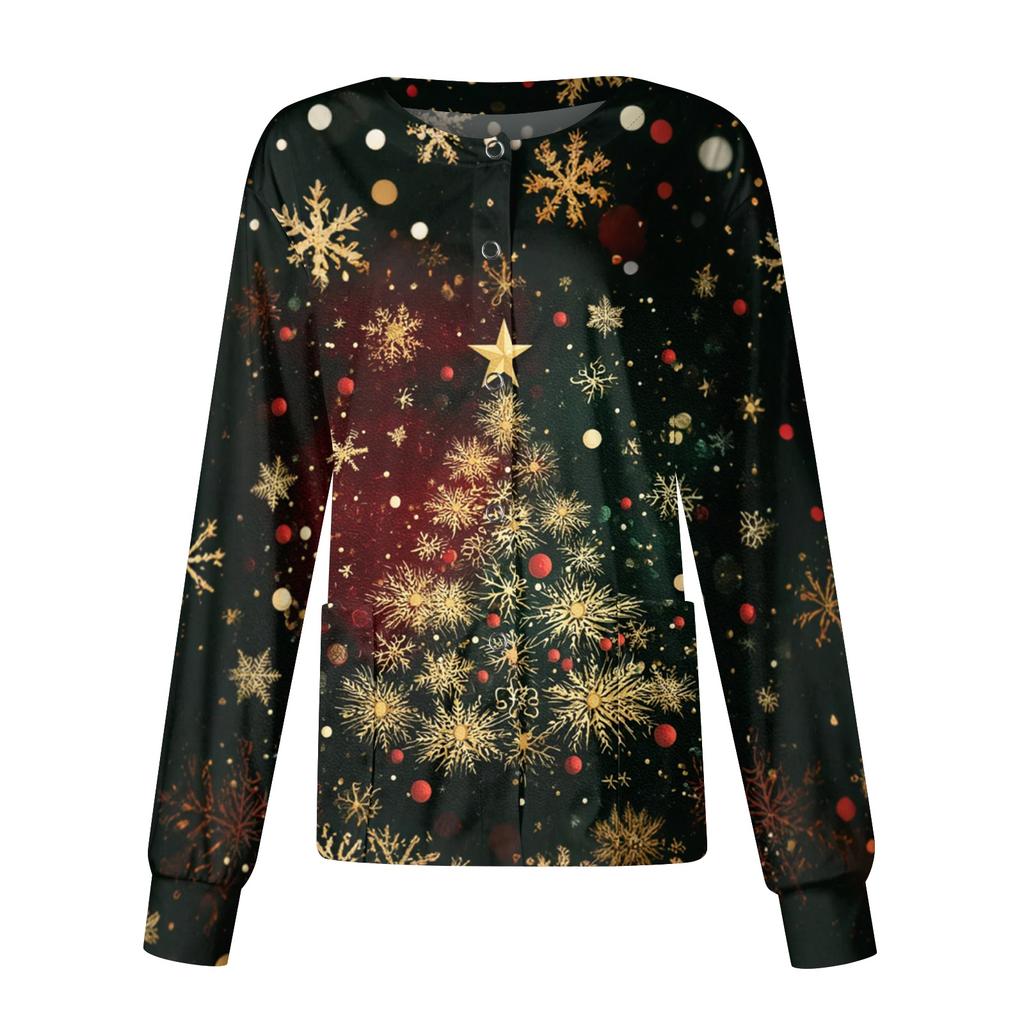 Women's Christmas-printed Casual Long-sleeved Single-breasted Work Uniform Cardigan