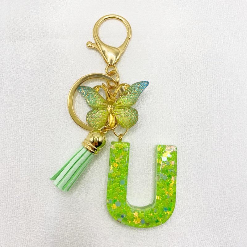 26-Letter Alphabet Resin Keychain with Star Sequins & Tassel Charm
