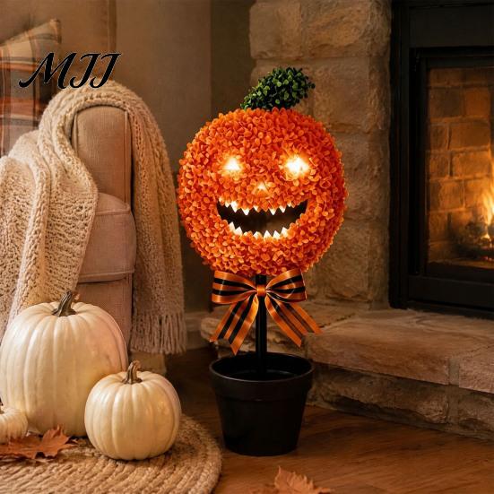 Outdoor Fall Yard Decorations Artificial Pumpkin Topiary Tree, Halloween Face Faux Boxwood Plants with Stake, Decorative Orange Autumn