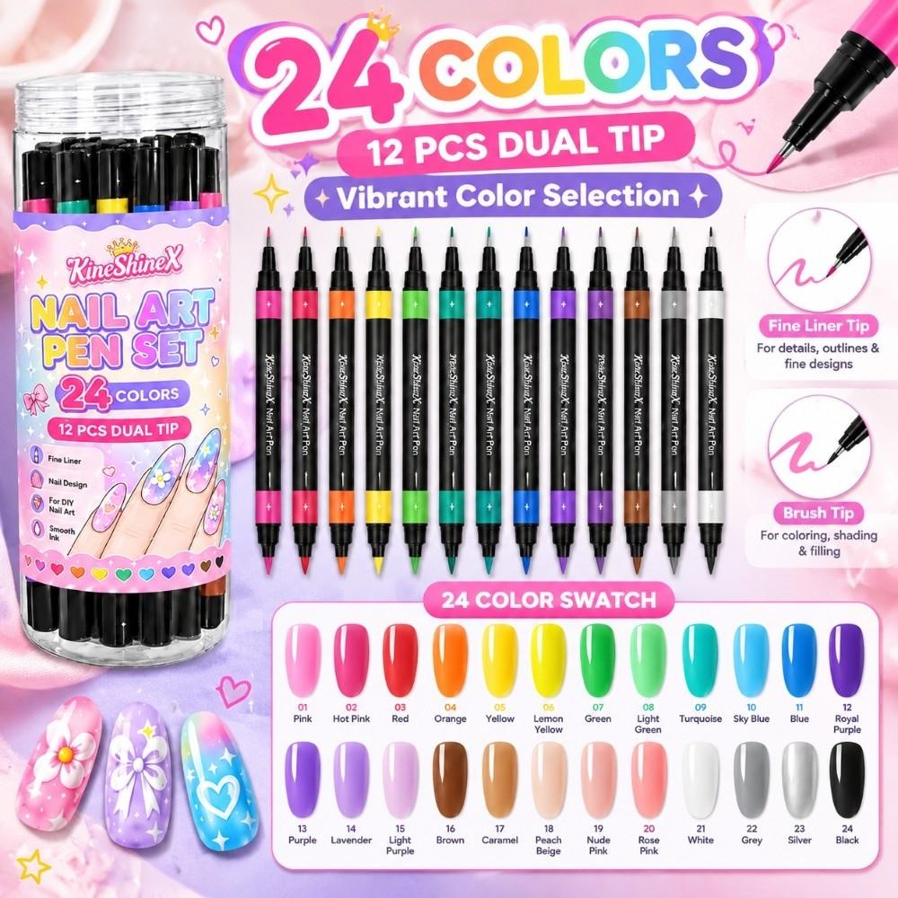 Vivid Color Nail Marker Dual Tip Nail Drawing Pen Set Portable Nail Art Pen Salon Manicure