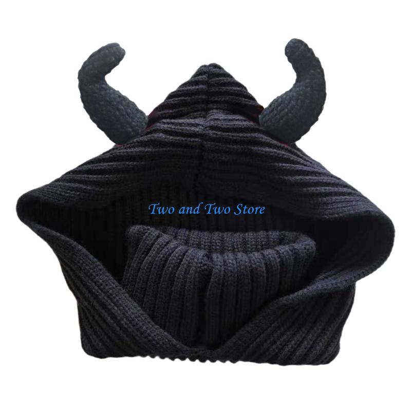 HX6F Horn Balaclava Hat Full Face Cover Knitted Hat For Halloween Party чёрный