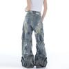 Womens American Retro Graffiti Pocket Wide Leg Jeans High Waist Straight Work Pants Streetwear
