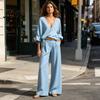 Casual Two-piece Outfit Women's 2 Piece Cotton Linen Set, Long Sleeve V Neck Blouse Spring Autumn Women Wear And Wide Leg Pants Matching Summer