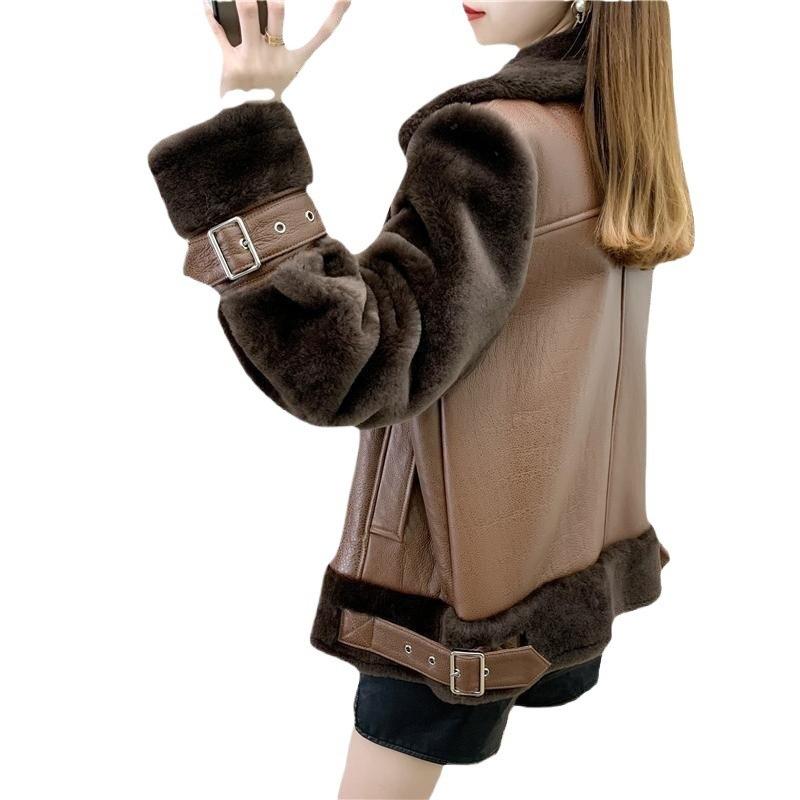 Large size women's clothing lamb leather jacket integrated autumn and winter new fat sister short thickened winter padded jacket tide