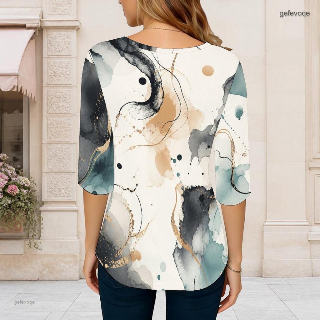 Women Plus Size Round Neck 3 4 Sleeve Abstract Printed T Shirt Curved Hem Casual Top
