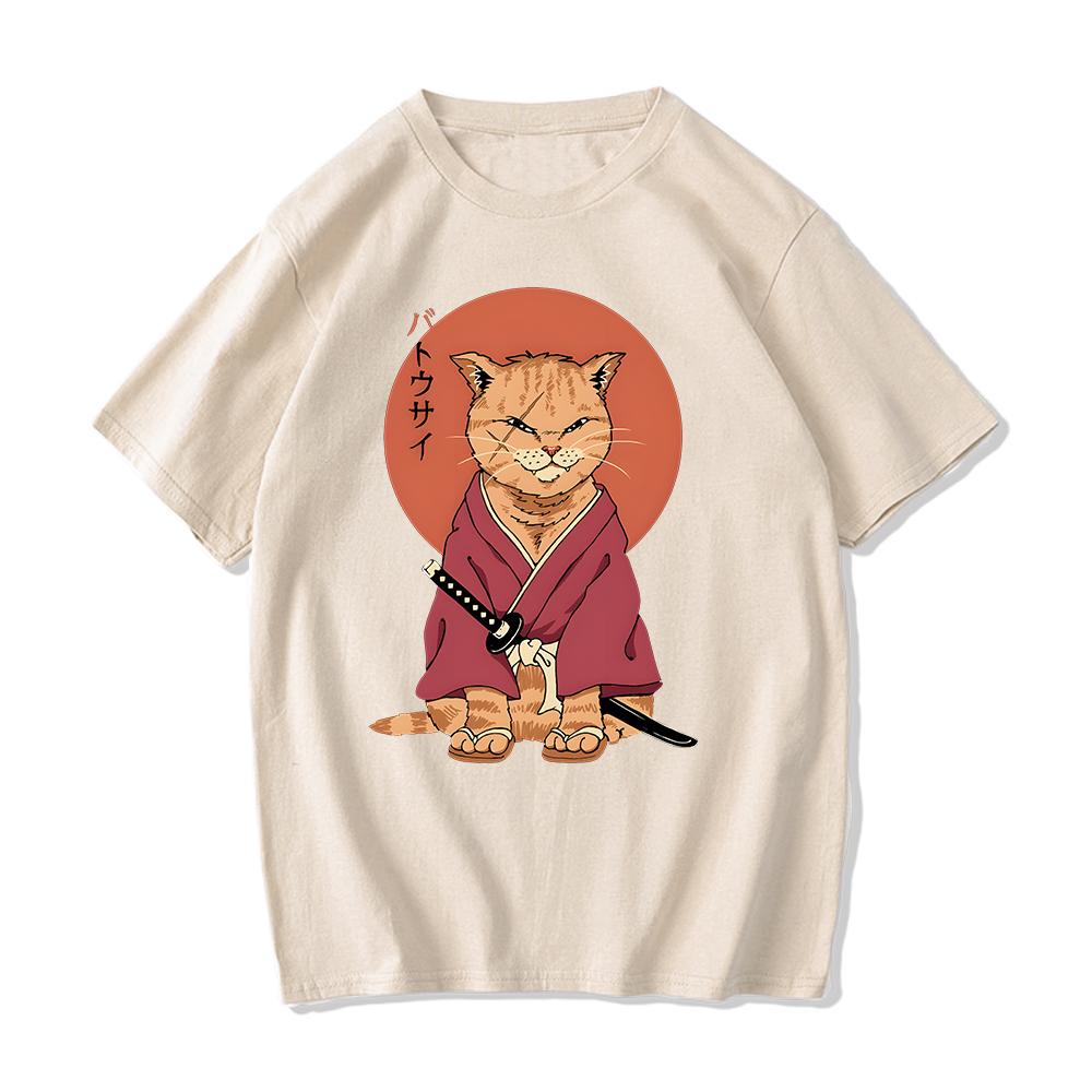 100% Cotton Tshirt Samurai Cat T Shirt Graphic Tees Mens Streetwear Spring and Summer O-neck T-shirt Cartoon Printing Tees-shirt