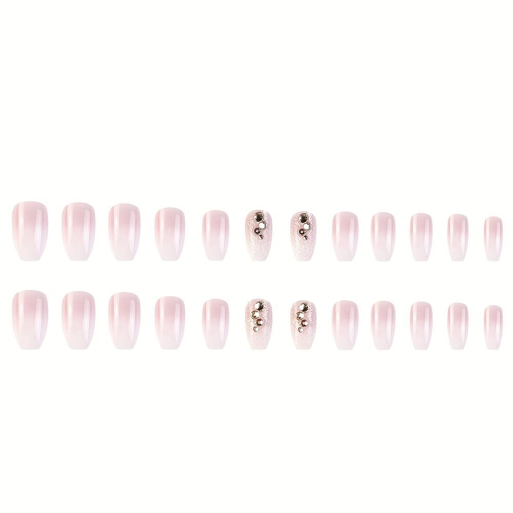 24pcs French Style Shiny White Pink Gradient with Rhinestones, Removable Fake Nails, Medium Size Square Wearable Nail Jelly Glue