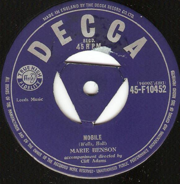 

7inch Record MARIE BENSON - Mobile 45F10452 Decca 1955 UK Pop Used