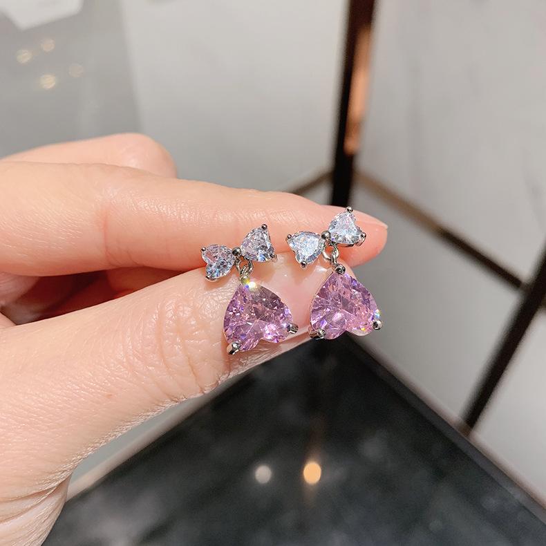 Clearance sale wish bow zircon yellow diamond earrings women, temperament love pink diamond earrings, earrings cover
