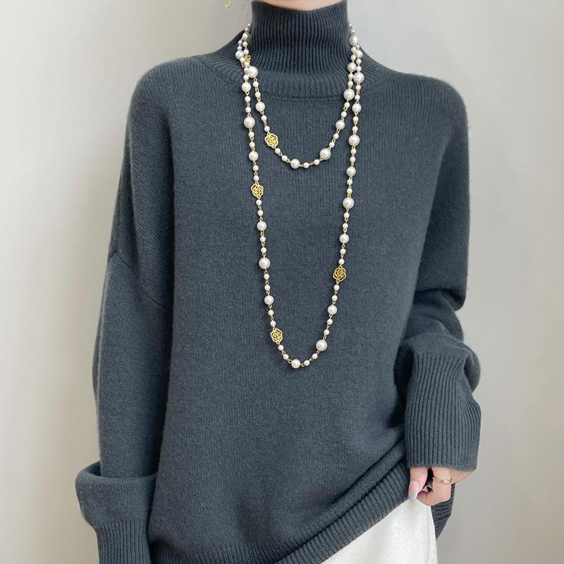 Autumn And Winter New European Turtleneck Wool Sweater Women'S Thickened Loose Lazy Wind Sweater Knitted Versatile Solid Color Bottoming Shirt