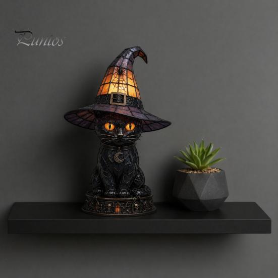 Spooky Home Decor Light Halloween Witch Cat Night Light, Resin Table Lamp with Warm Mantelpiece Glow, Gothic for Bedroom Shelf, Gift Cozy Fall