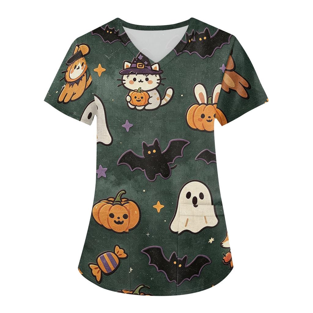 Dámský v-výstřih krátký rukáv zdravotnický top s dvojitými kapsami Halloweenský potisk pro uniformu
