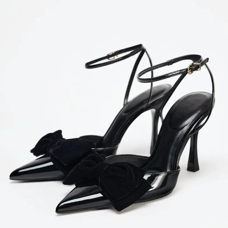 Fashion Elegant Black Bow Design Heels Women Sexy Pointed Toe Ankle Strap Buckle Thin Heel Sandal High Quality Patent Leather Dress Shoe